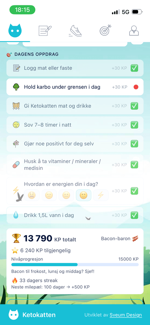 Daily missions with energy tracking and Keto Points